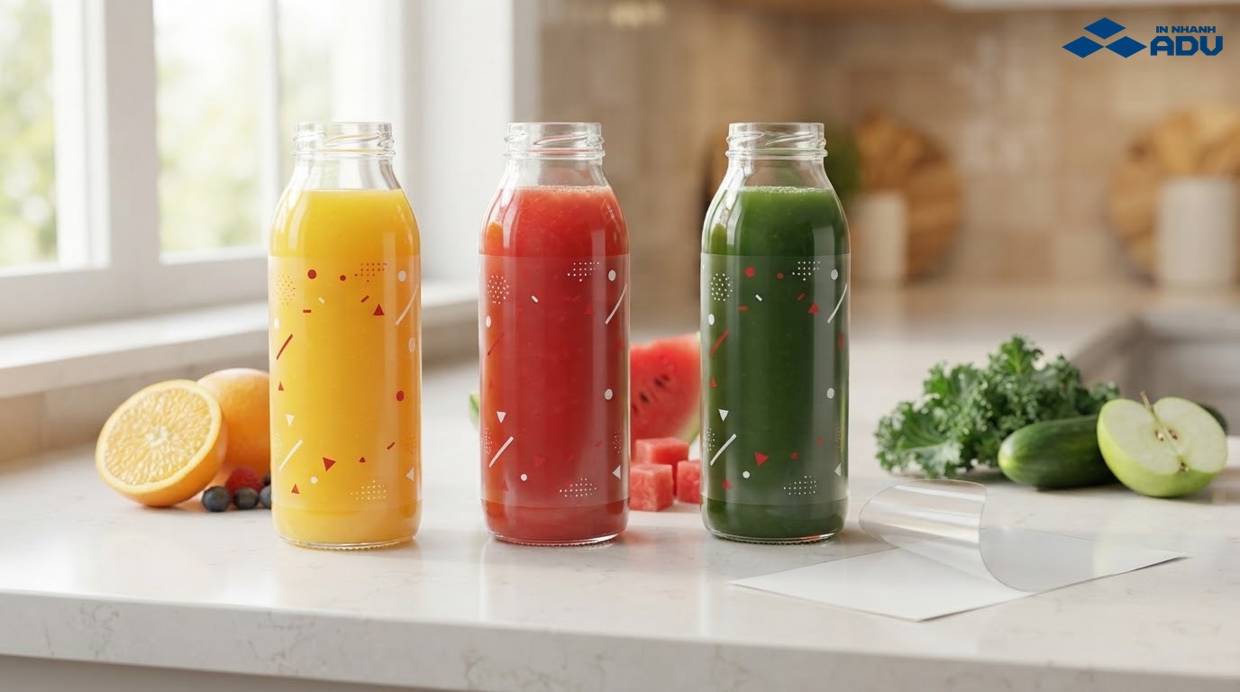 Tem nhựa trong suốt trên chai nước ép để lộ màu đồ uống bên trong