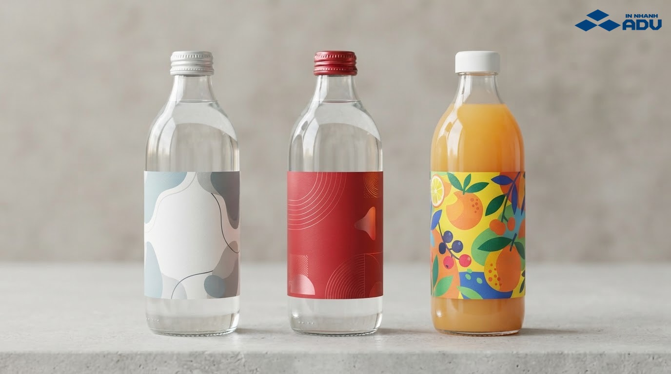 Ba kiểu thiết kế tem chai nước tối giản, sự kiện và nước ép trái cây