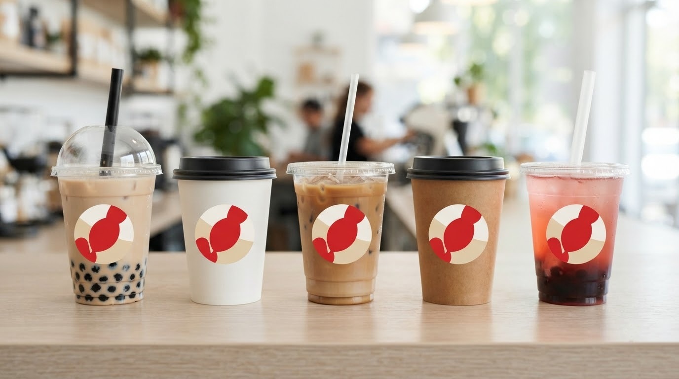 Các mẫu tem dán ly trà sữa và cà phê chống nước trên quầy đồ uống