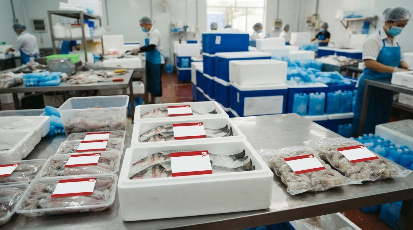 Bộ tem hải sản đồng bộ trên hộp, khay và túi đóng gói bảo quản lạnh