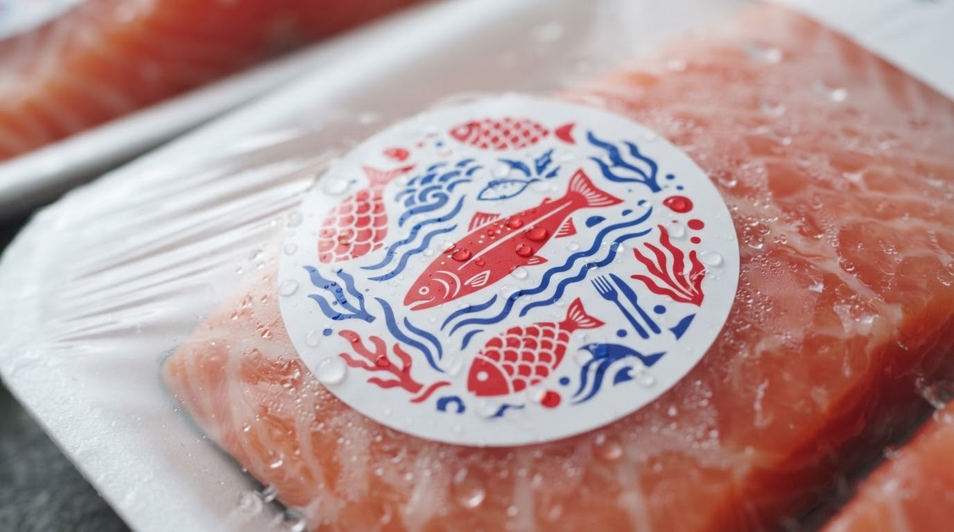 Tem decal nhựa sữa màu trắng đục chống ẩm trên khay cá phi lê