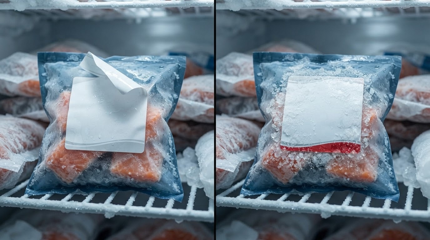 So sánh mép tem thông thường và tem dùng keo đông lạnh trên túi hải sản