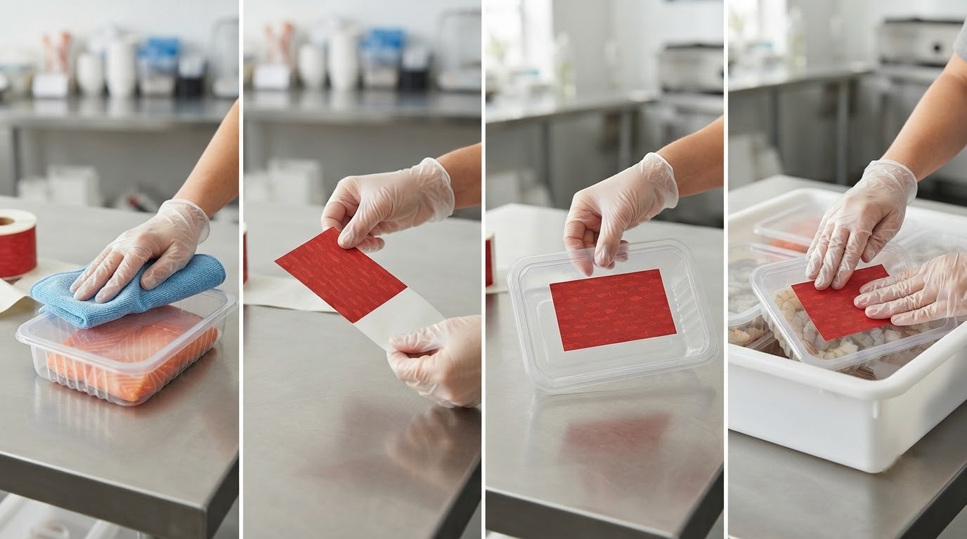 Bốn thao tác lau bề mặt, bóc lớp lót, đặt và miết tem hải sản