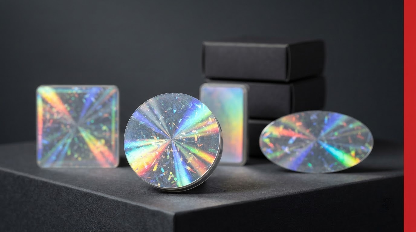 Bộ tem hologram 7 màu bằng màng PET với nhiều hình dạng trên bàn trưng bày