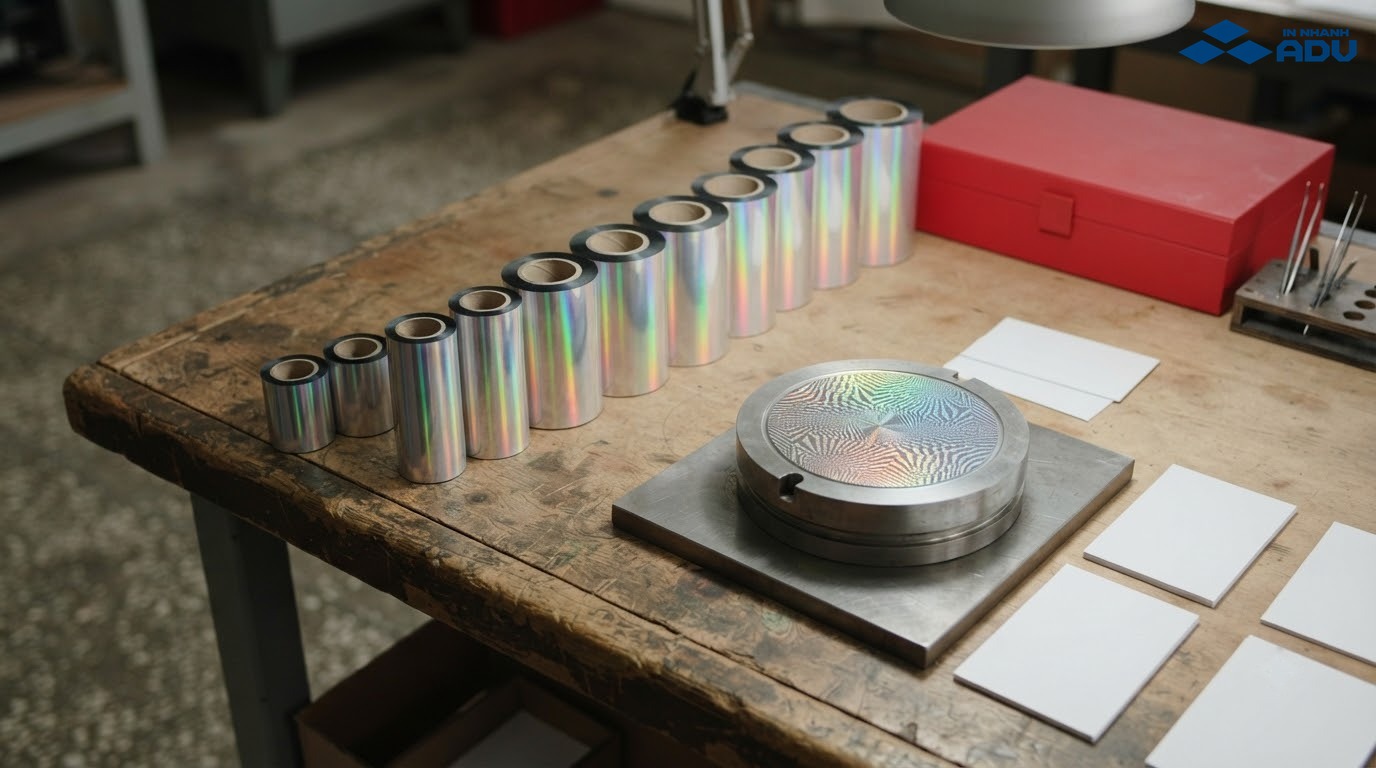 Các cuộn tem hologram và khuôn kim loại được chuẩn bị theo quy cách sản xuất