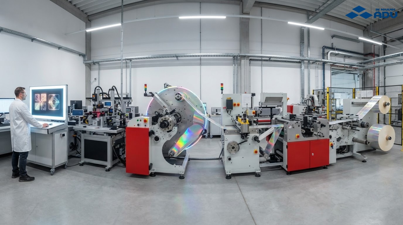 Dây chuyền sản xuất tem hologram từ thiết kế hoa văn đến kiểm tra và đóng cuộn