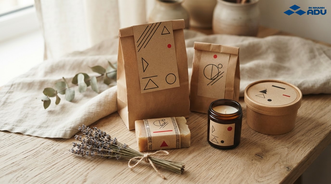 Tem decal Kraft nâu trên bao bì sản phẩm handmade