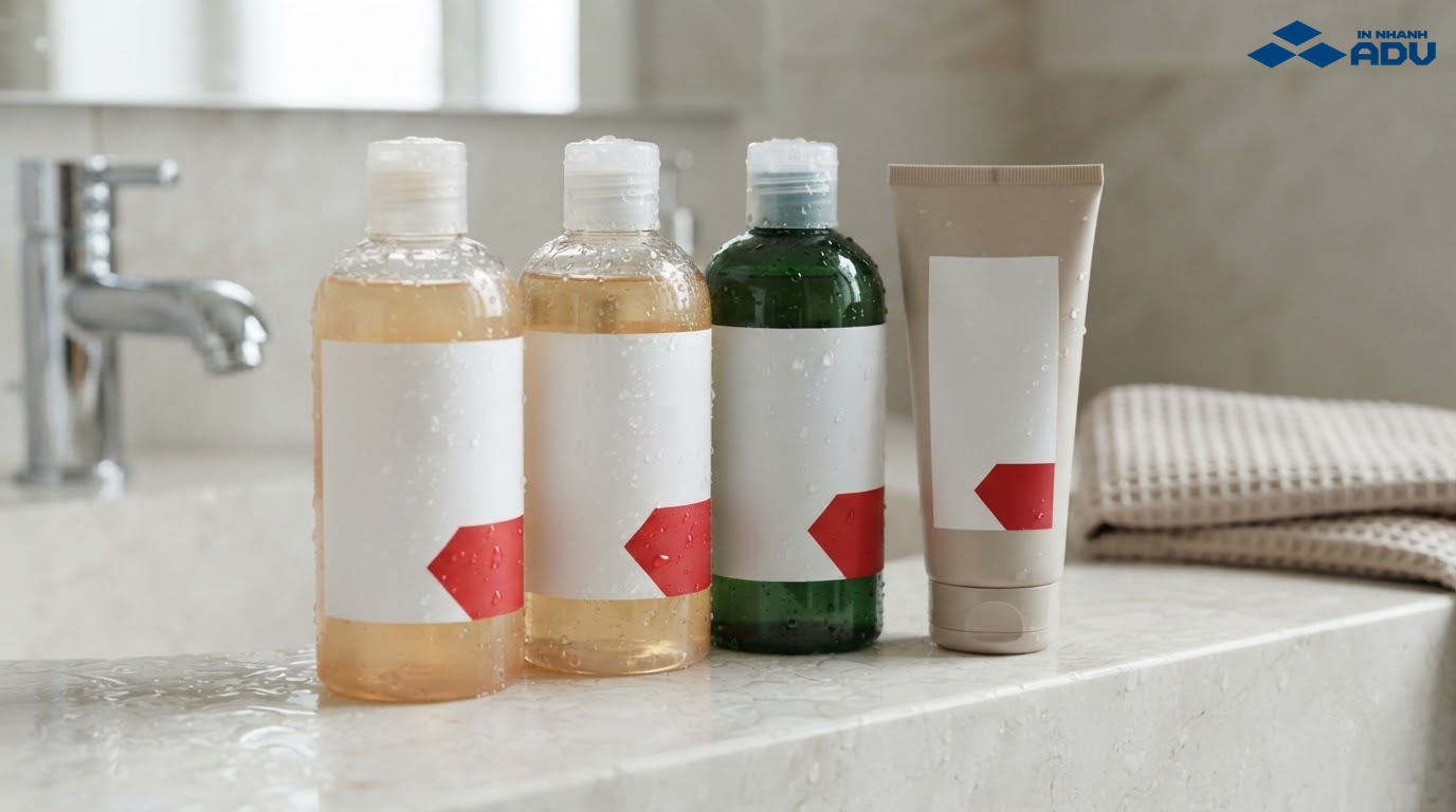Tem decal nhựa sữa bám trên chai mỹ phẩm trong môi trường ẩm