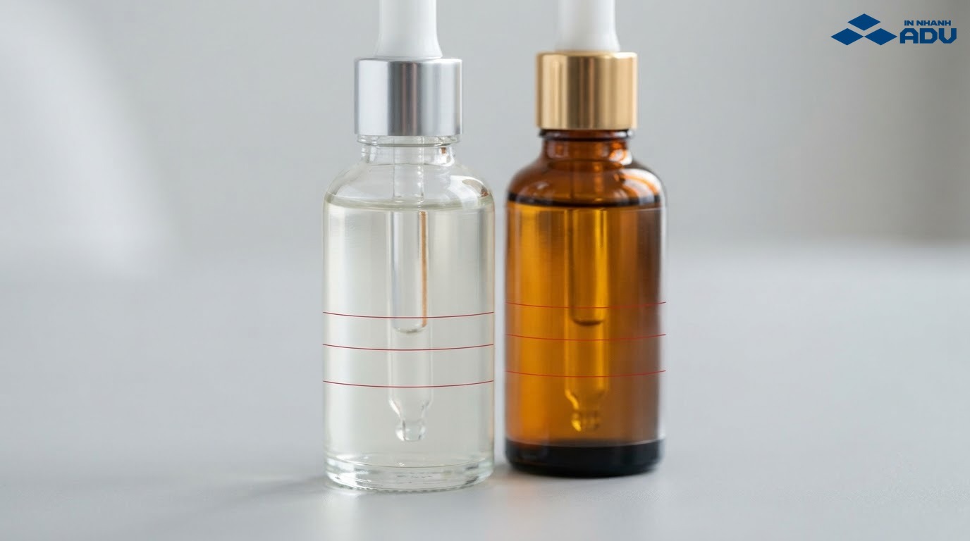 Tem trong suốt không viền trên chai serum và lọ mỹ phẩm