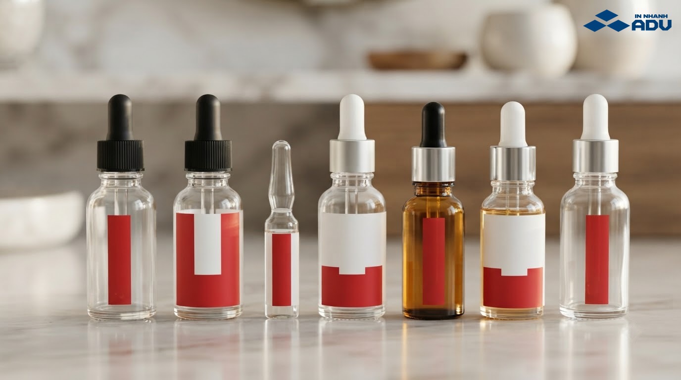 Tem nhãn thanh mảnh trên chai serum, ampoule và dầu dưỡng