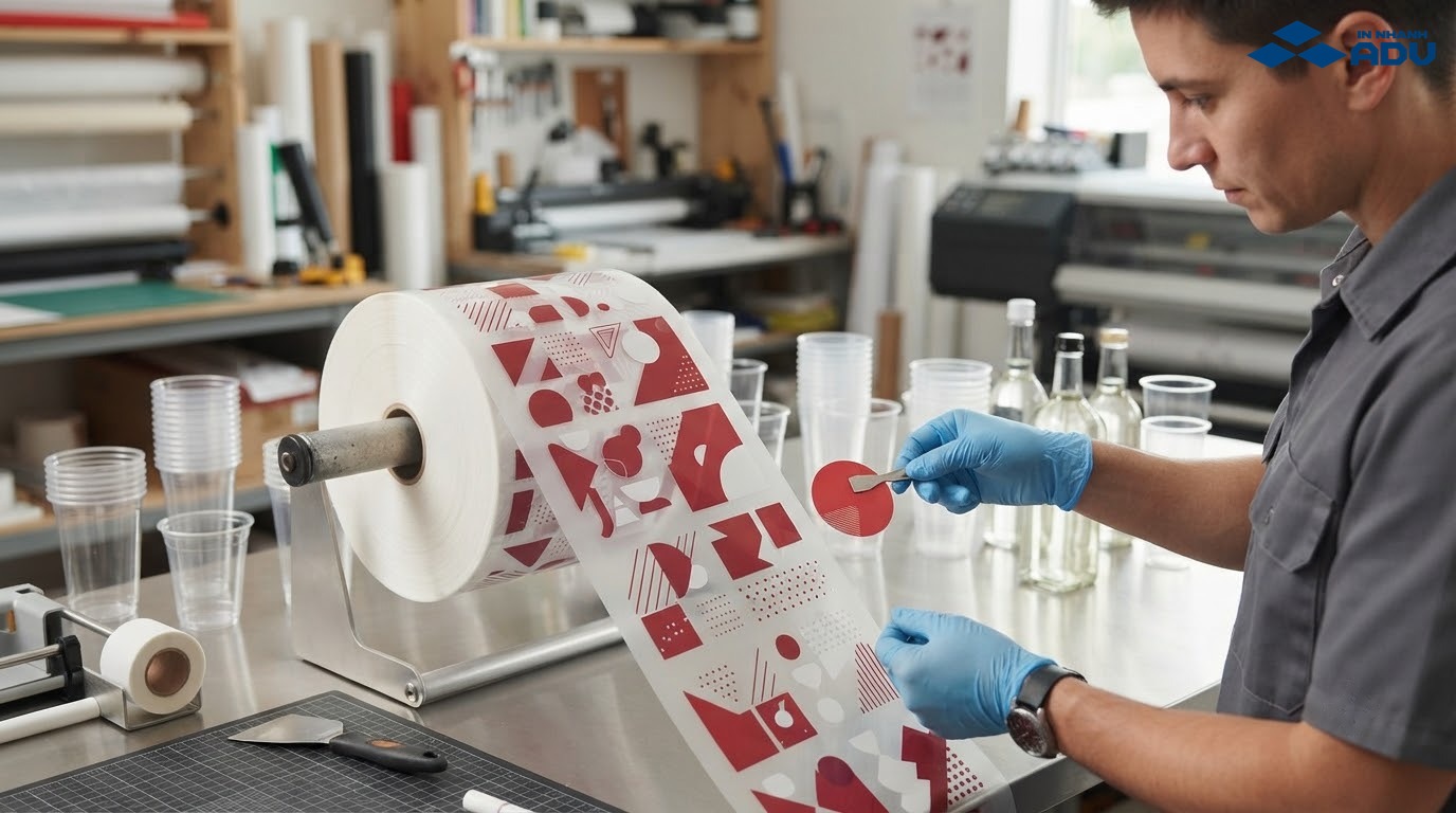 Cuộn tem decal trong suốt và ly nhựa tại xưởng in