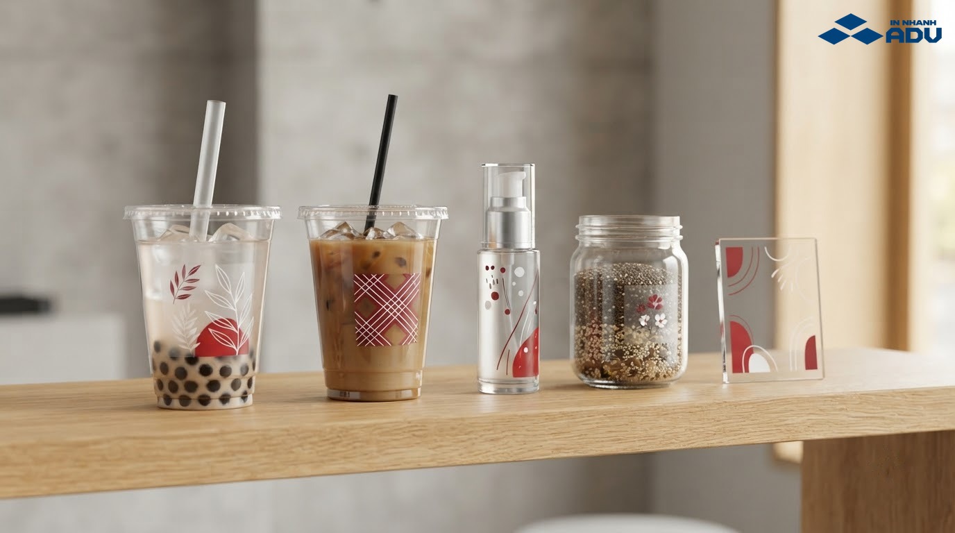 Tem nhựa trong ứng dụng trên ly chai mỹ phẩm hũ thực phẩm và kính