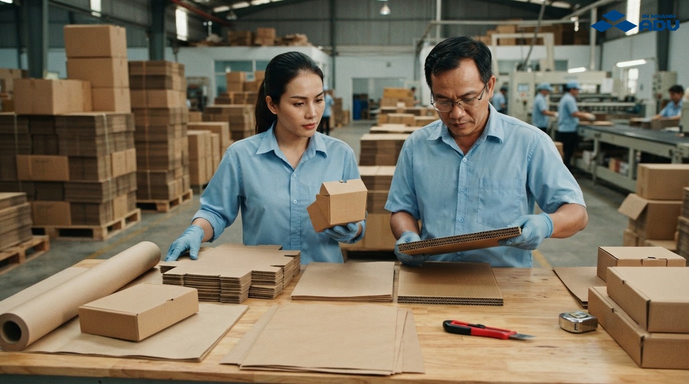 Nhân viên thu mua so sánh mẫu thùng carton và kết cấu giấy trước khi báo giá