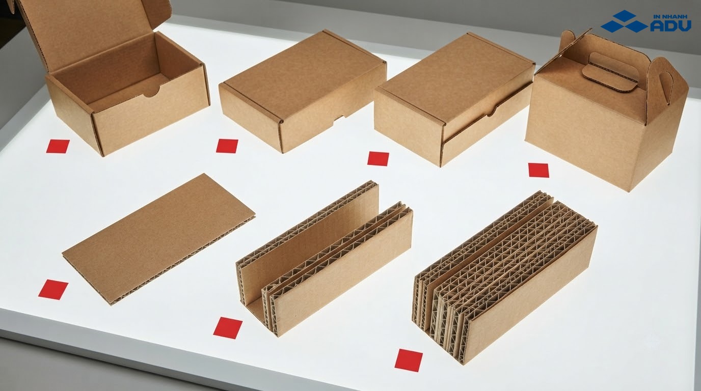 Mẫu thùng carton nhiều lớp với cấu trúc sóng và kiểu nắp khác nhau