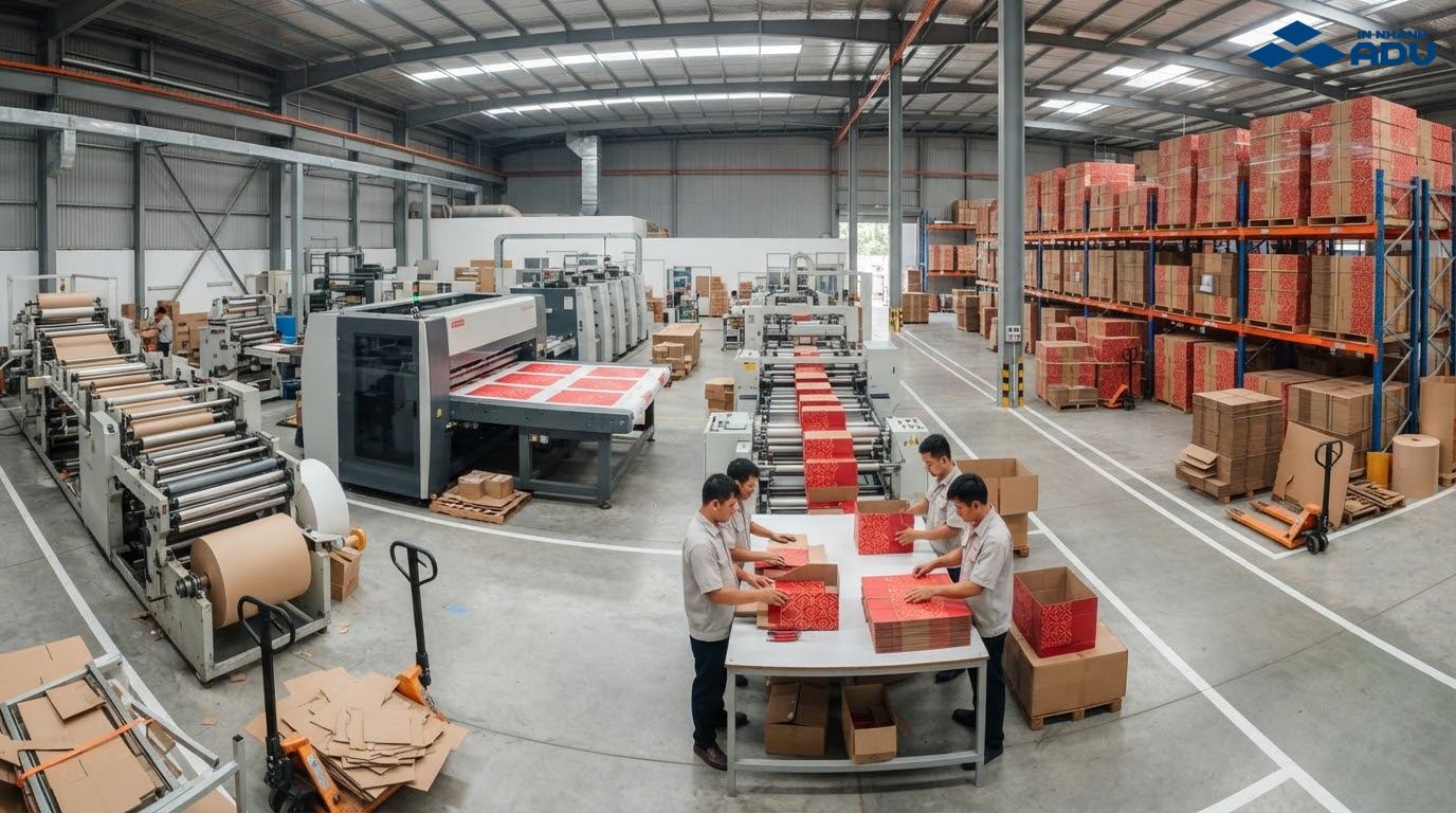 Minh họa khu sản xuất thùng carton với máy in và khu kiểm phẩm
