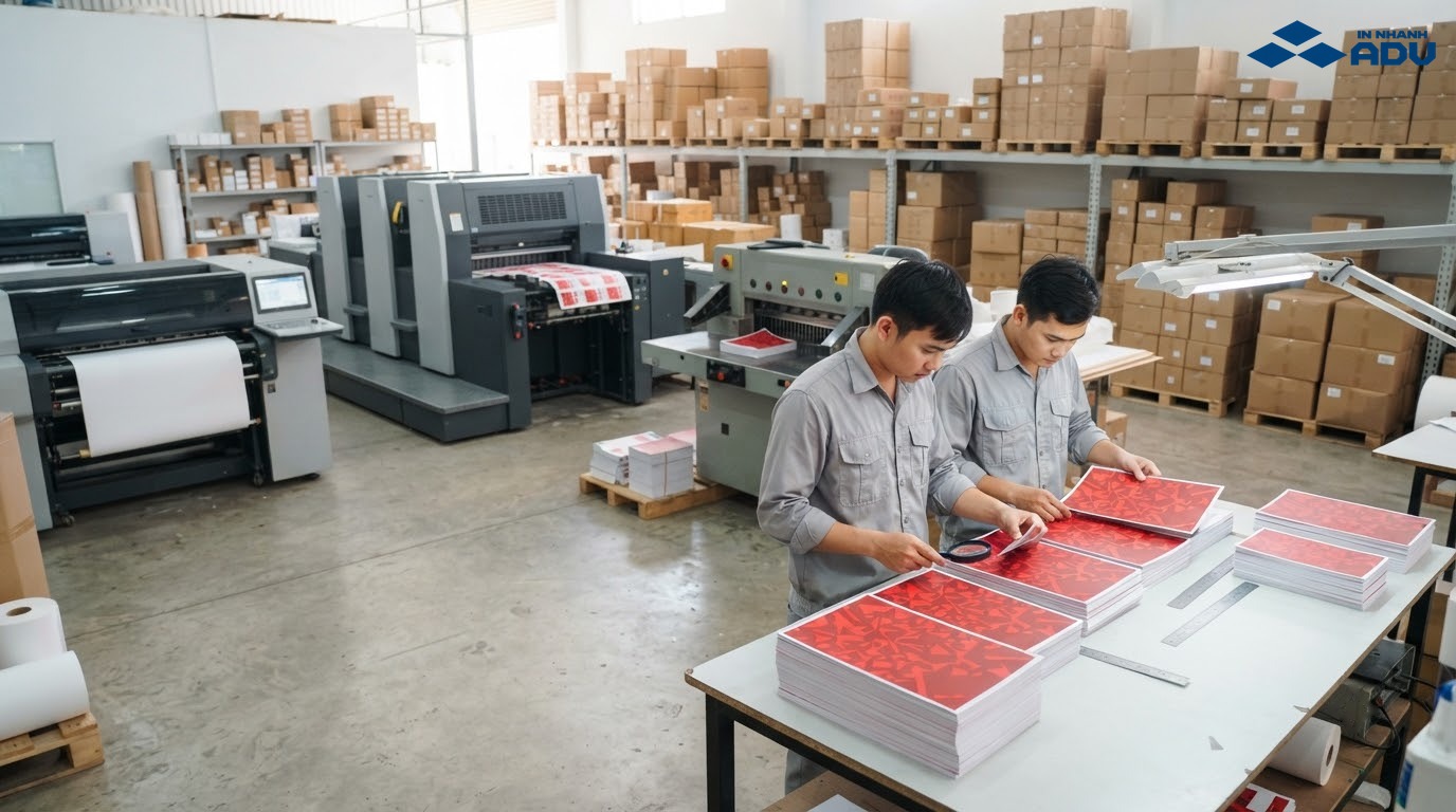 Xưởng in kỹ thuật số và offset kiểm tra tờ rơi thành phẩm tại TPHCM