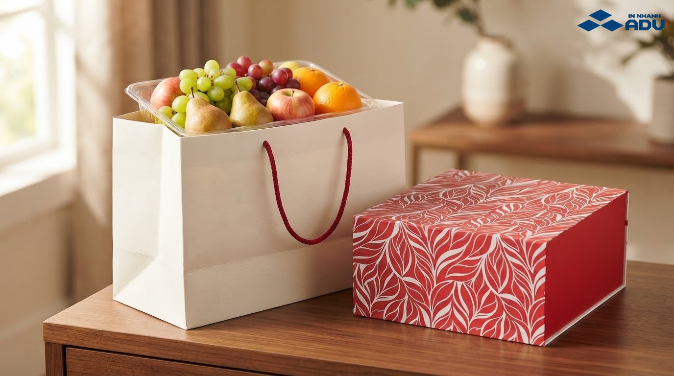 Túi giấy đáy rộng đựng khay quà trái cây nhập khẩu