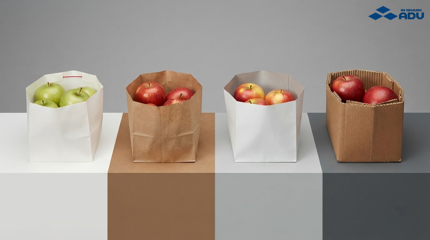 So sánh giấy Ivory, Kraft, Duplex và carton sóng làm túi hoa quả