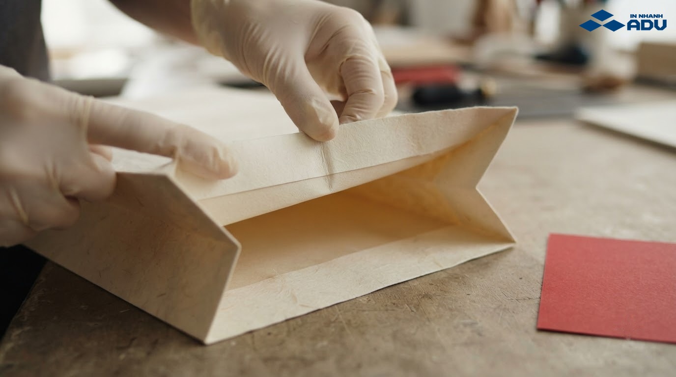 Cận cảnh giấy mỹ thuật có vân và nẹp miệng túi giấy được gia cố