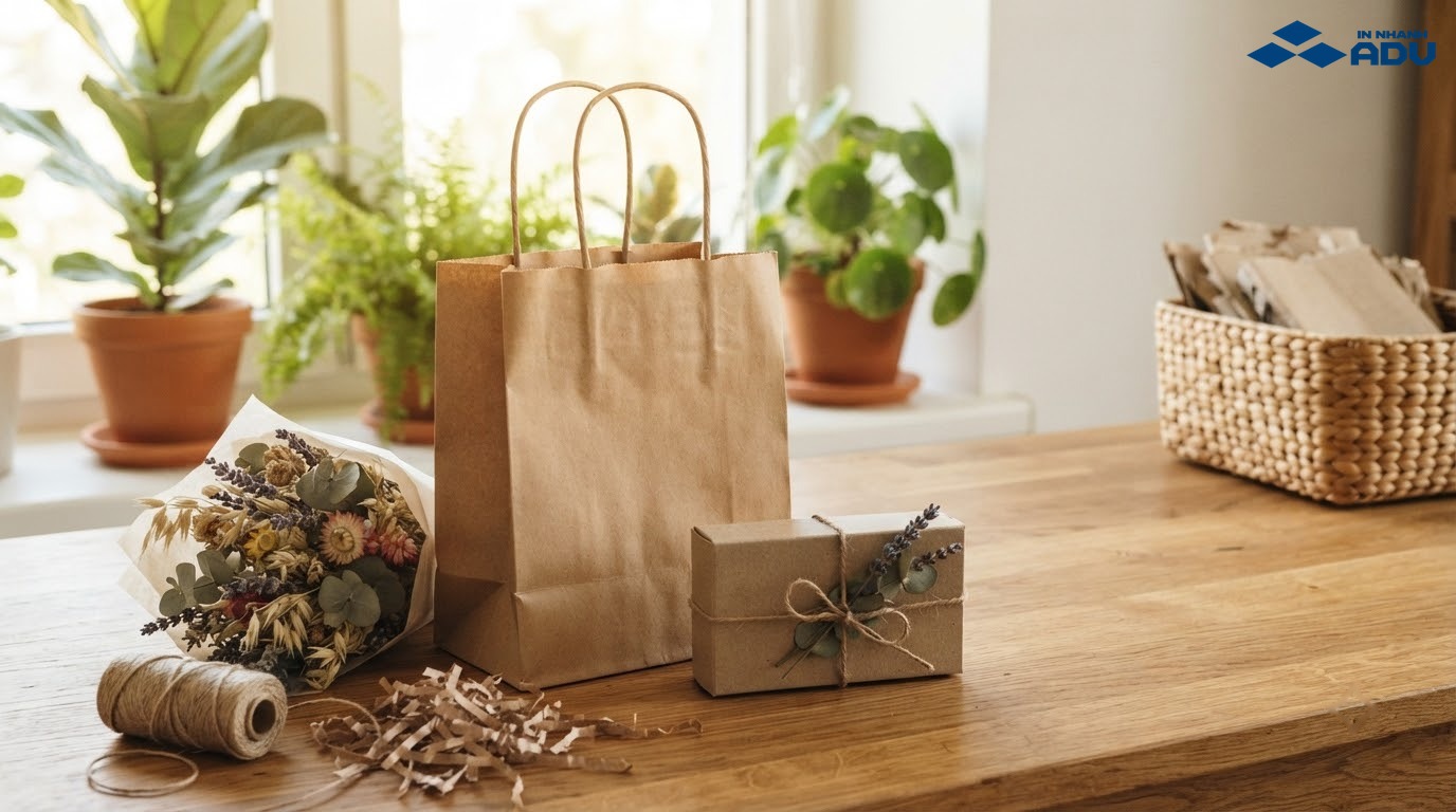 Túi giấy Kraft tái chế đặt cùng sản phẩm thủ công và vật liệu tự nhiên