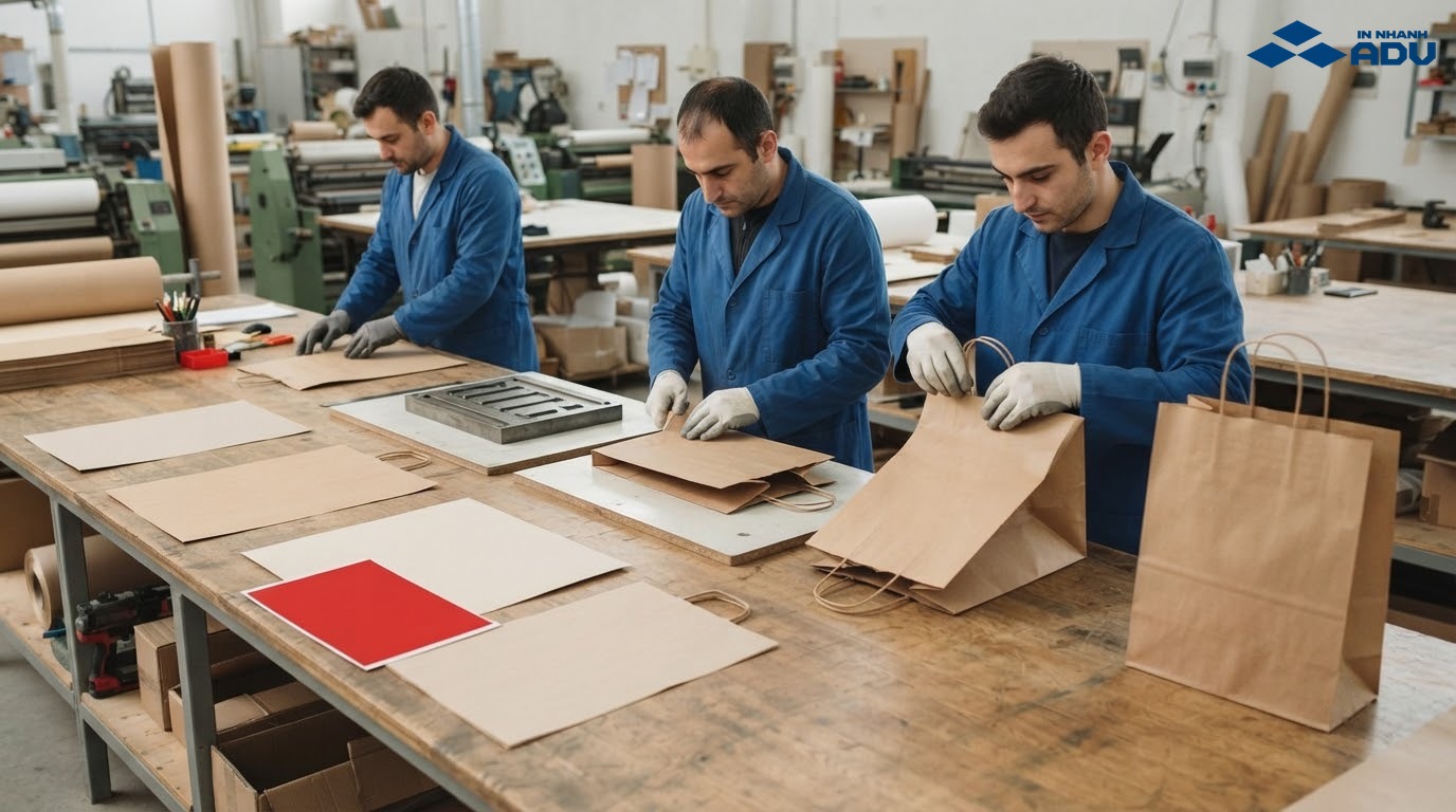 Các công đoạn duyệt mẫu, in, bế dán và hoàn thiện túi giấy Kraft