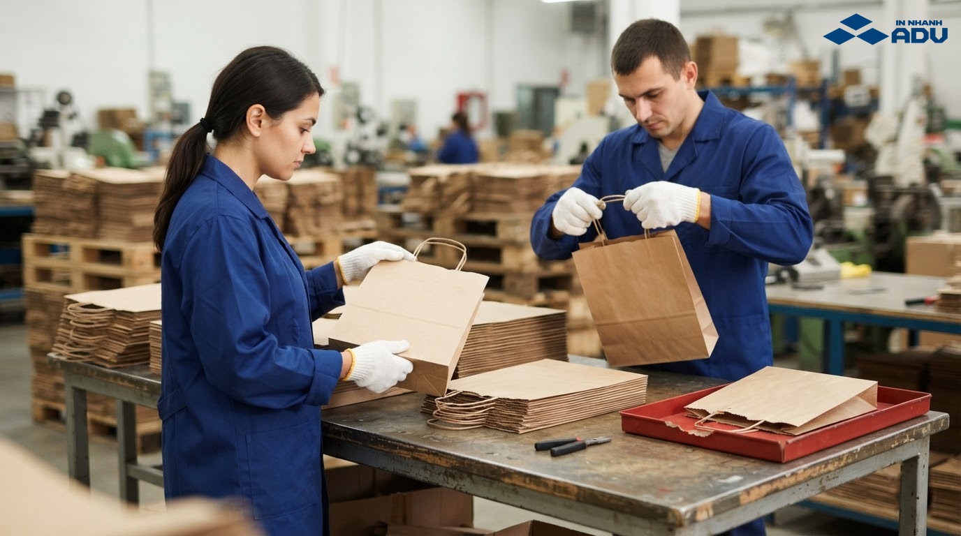 Nhân viên kiểm tra nếp dán, quai và độ vuông của túi giấy Kraft thành phẩm