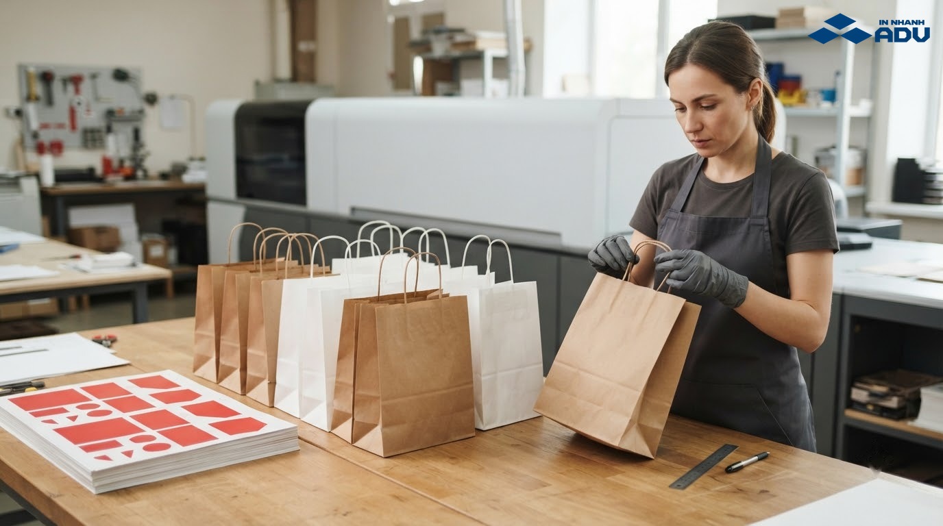 Lô túi giấy số lượng ít được kiểm tra cạnh máy in kỹ thuật số