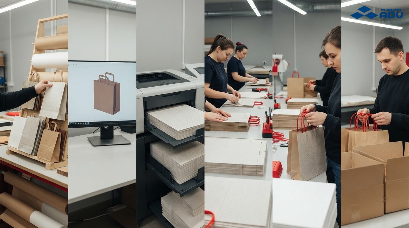 Quy trình chọn giấy, kiểm tra file, in proof, in, gia công và kiểm phẩm túi giấy