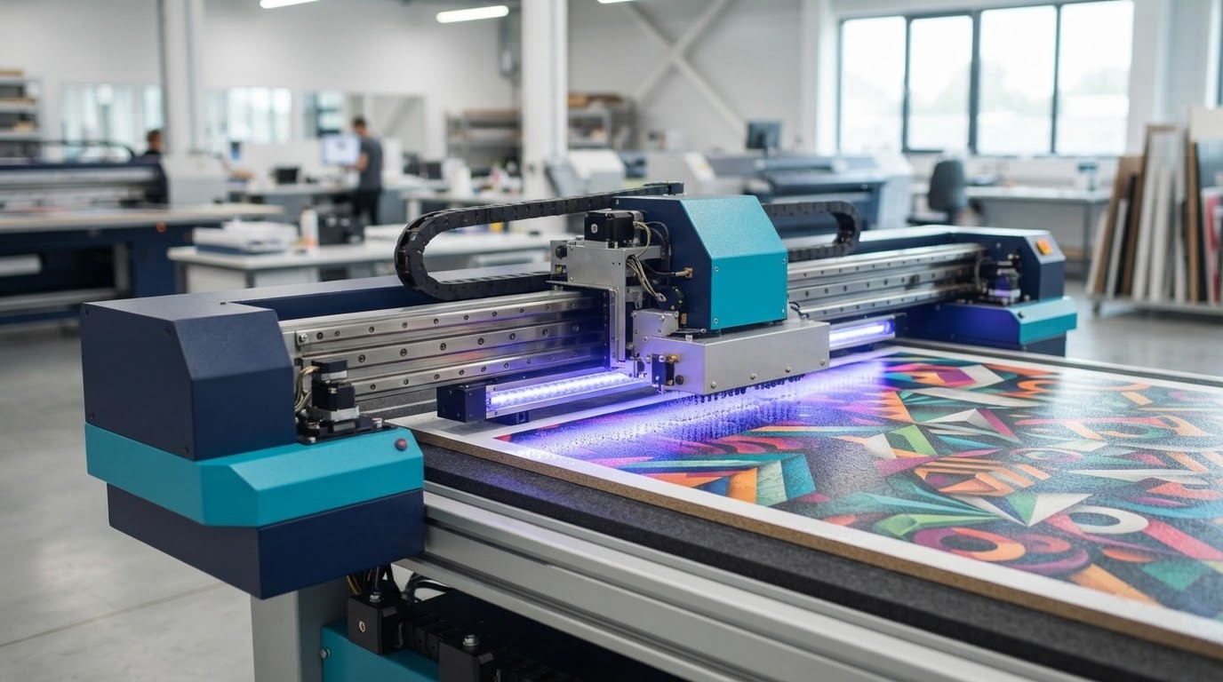 Máy in UV hiện đại đang in trực tiếp trên vật liệu phẳng