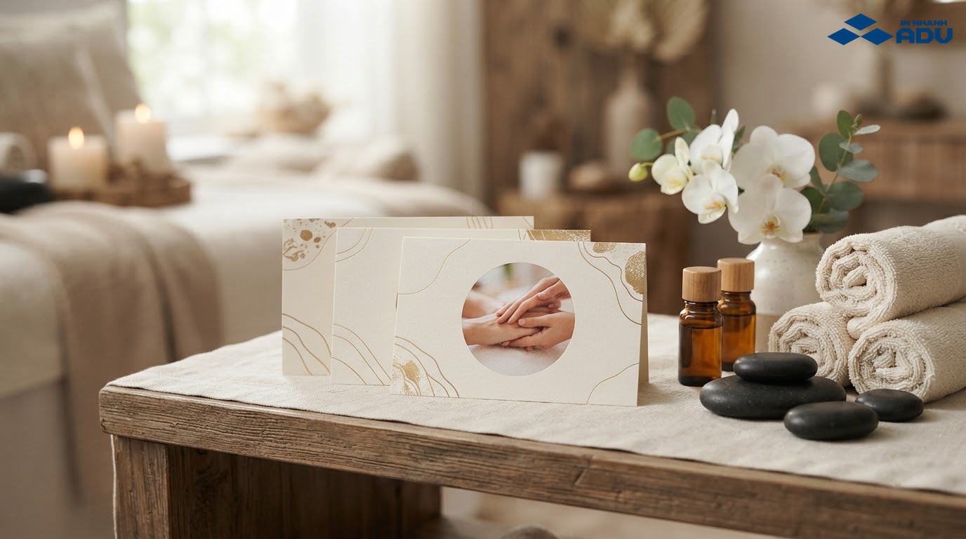 Voucher spa giấy mỹ thuật bên cạnh tinh dầu, khăn và phụ kiện chăm sóc