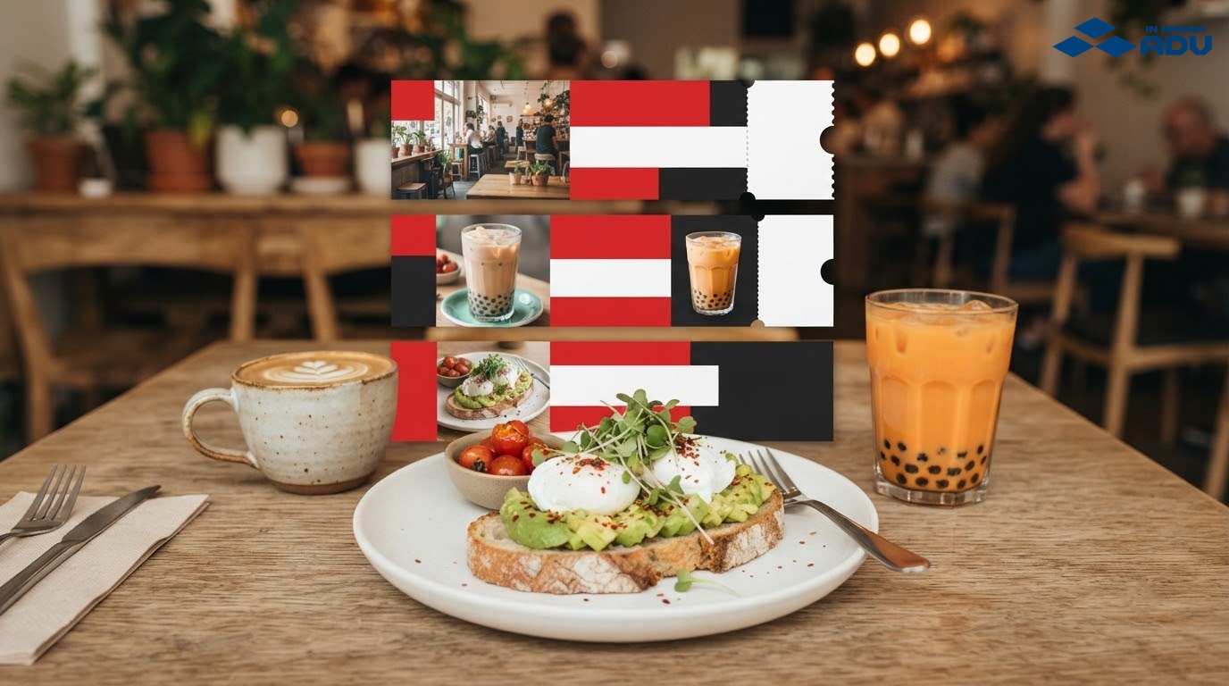 Voucher nhà hàng và quán cafe đặt cạnh món ăn cùng đồ uống