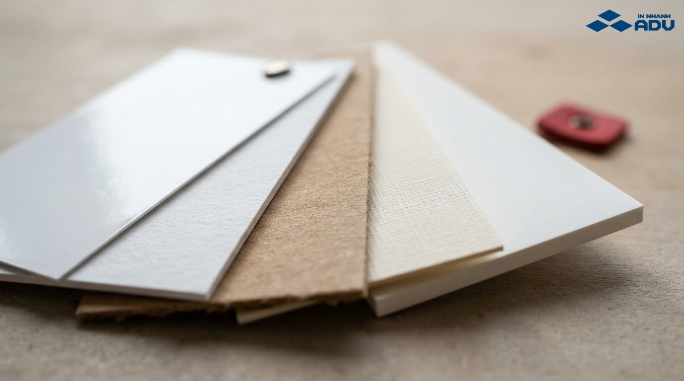Các chất liệu giấy Couche, Ford, Kraft, mỹ thuật và Bristol hoặc Ivory dùng in A7
