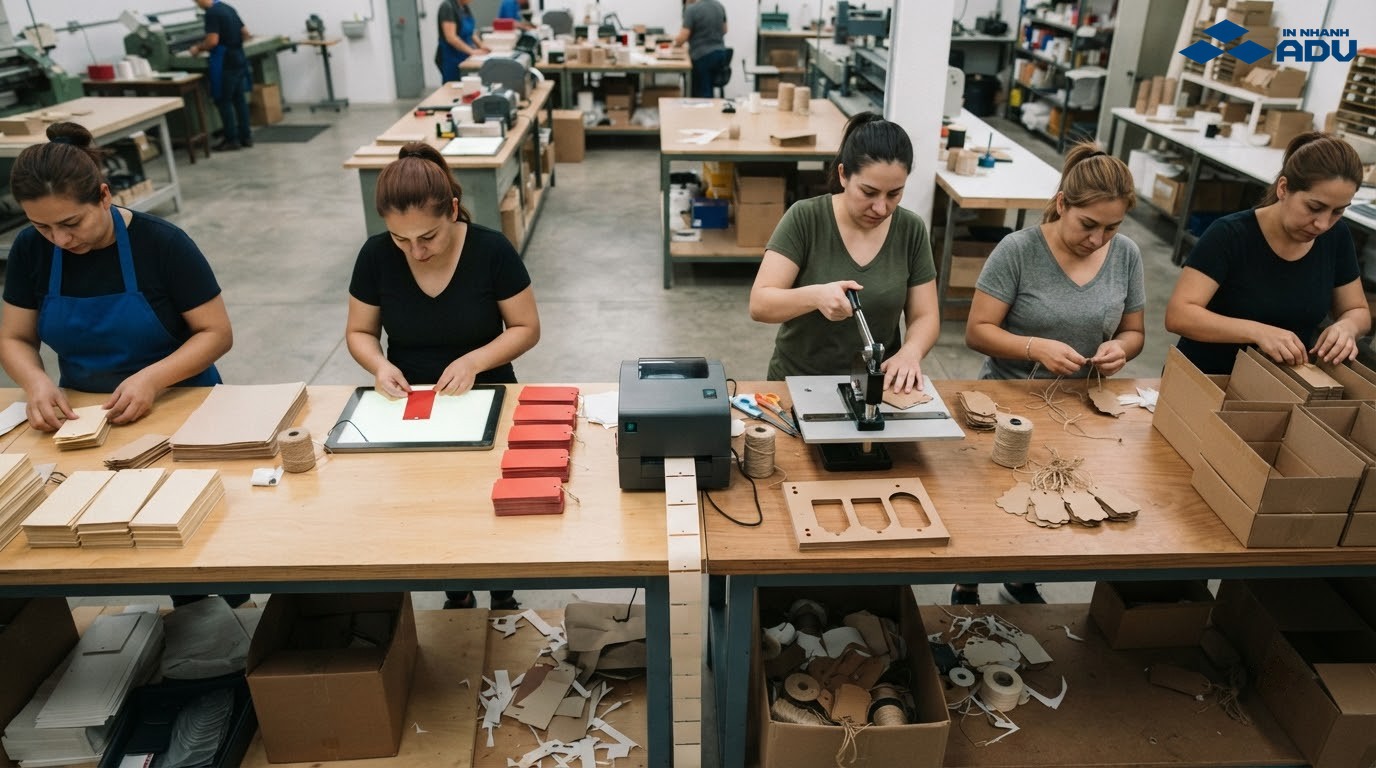 Quy trình kiểm file, in proof, in hàng loạt, bế đục lỗ và đóng gói tag