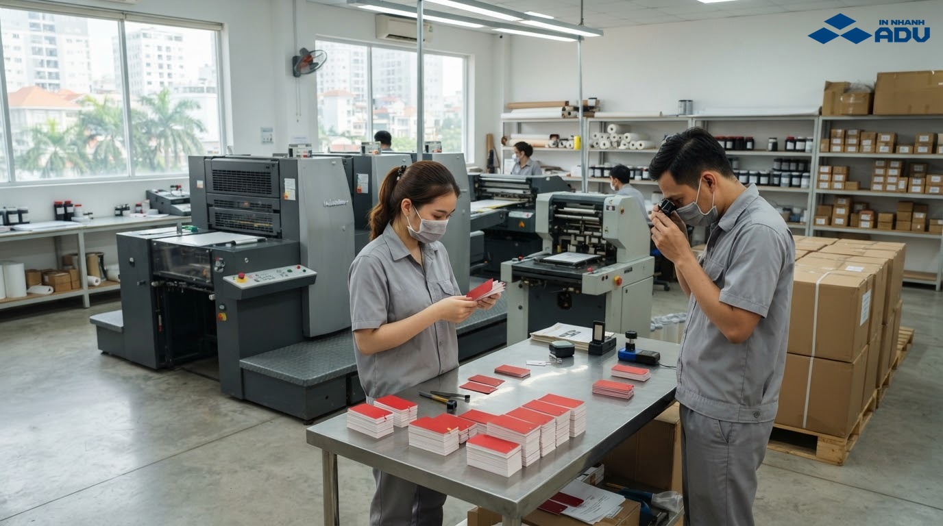 Kỹ thuật viên tại xưởng kiểm tra màu sắc, lỗ treo và đường bế của tag quần áo