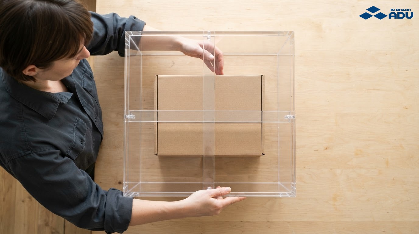 Kỹ thuật viên đo ba chiều của hộp sản phẩm trước khi chọn túi giấy