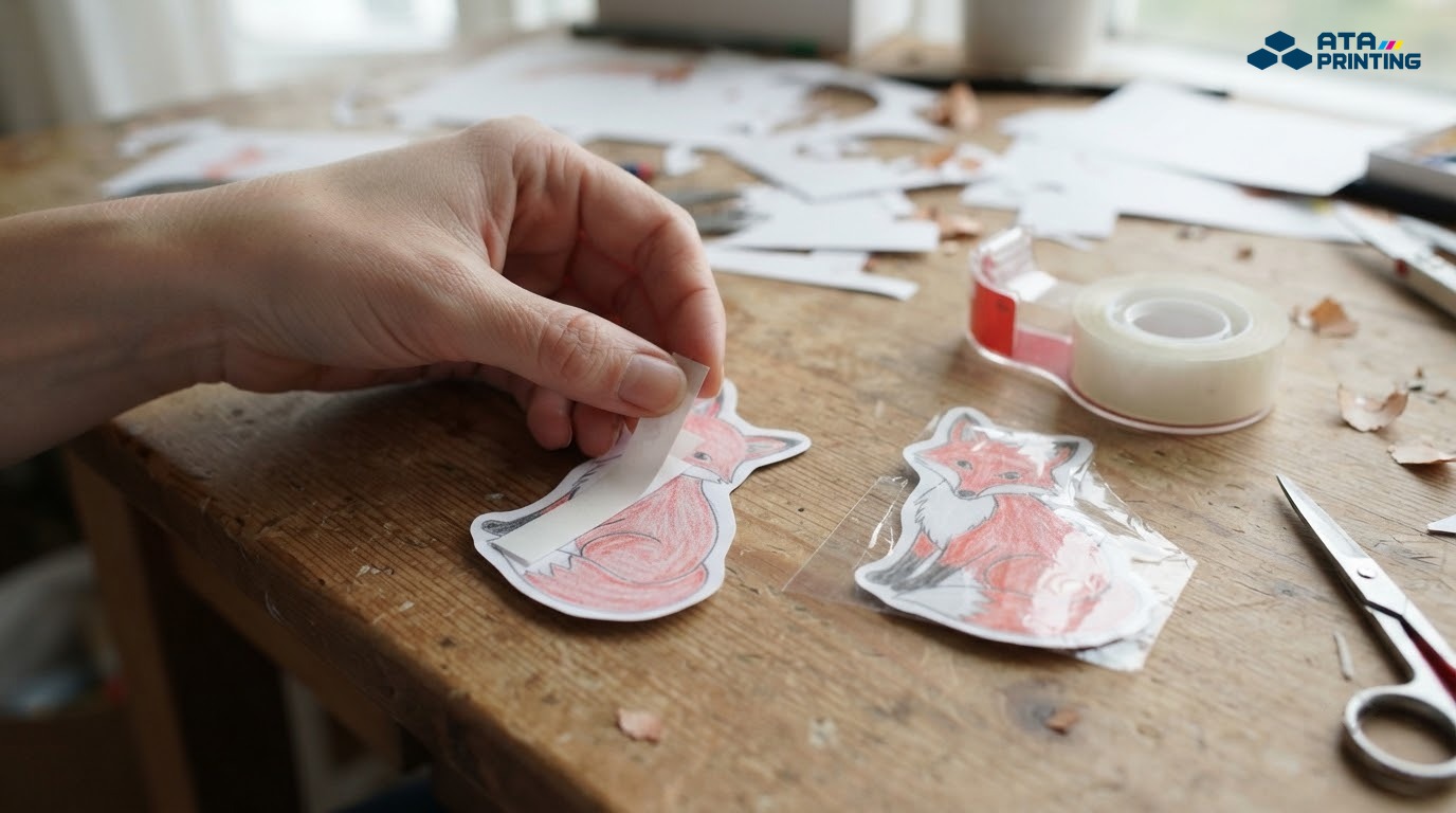Bàn tay dán băng keo hai mặt vào mặt sau hình cắt để làm sticker