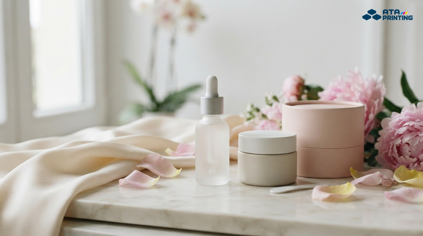 Mỹ phẩm phong cách nữ tính với tông màu mềm mại và hoa trang trí