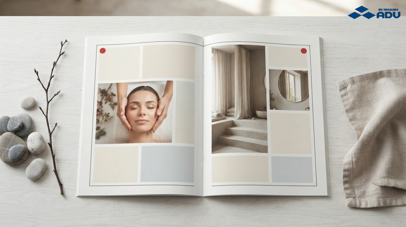 Mẫu catalogue spa tối giản với khoảng trắng và phong cách Zen