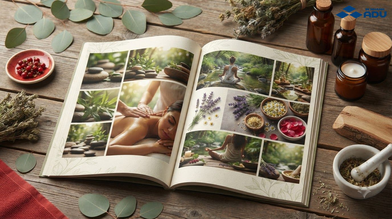 Mẫu catalog spa sinh thái với thảo mộc và vật liệu tự nhiên