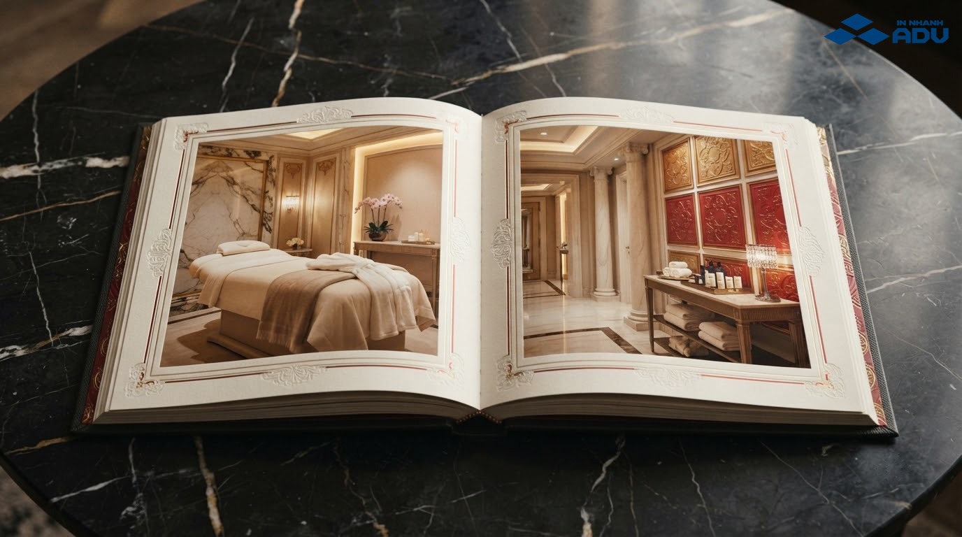 Catalogue thẩm mỹ viện cao cấp với bìa ép nhũ và dập nổi