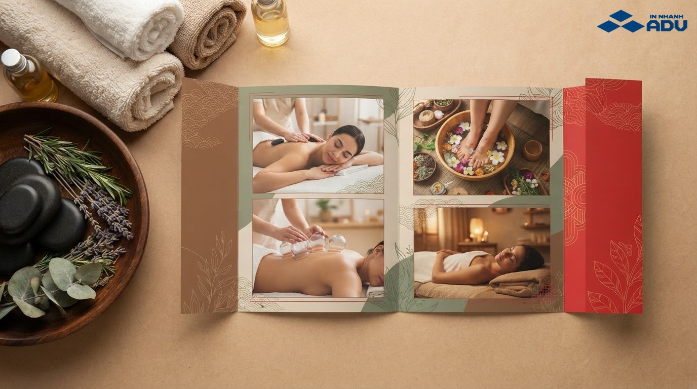 Mẫu massage catalog trị liệu với đá nóng và thảo dược