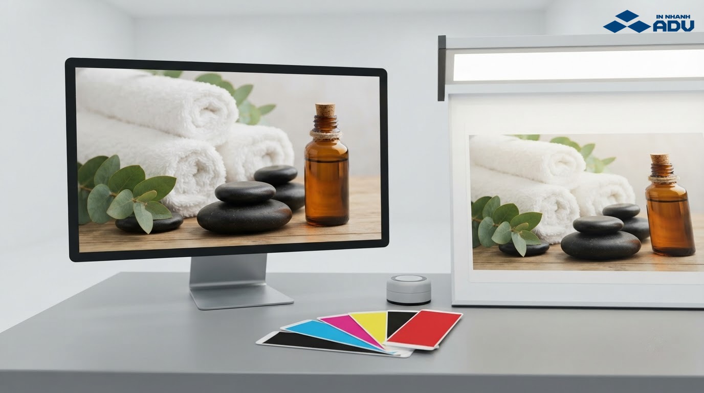 Kỹ thuật viên kiểm soát màu màn hình và bản in catalogue spa