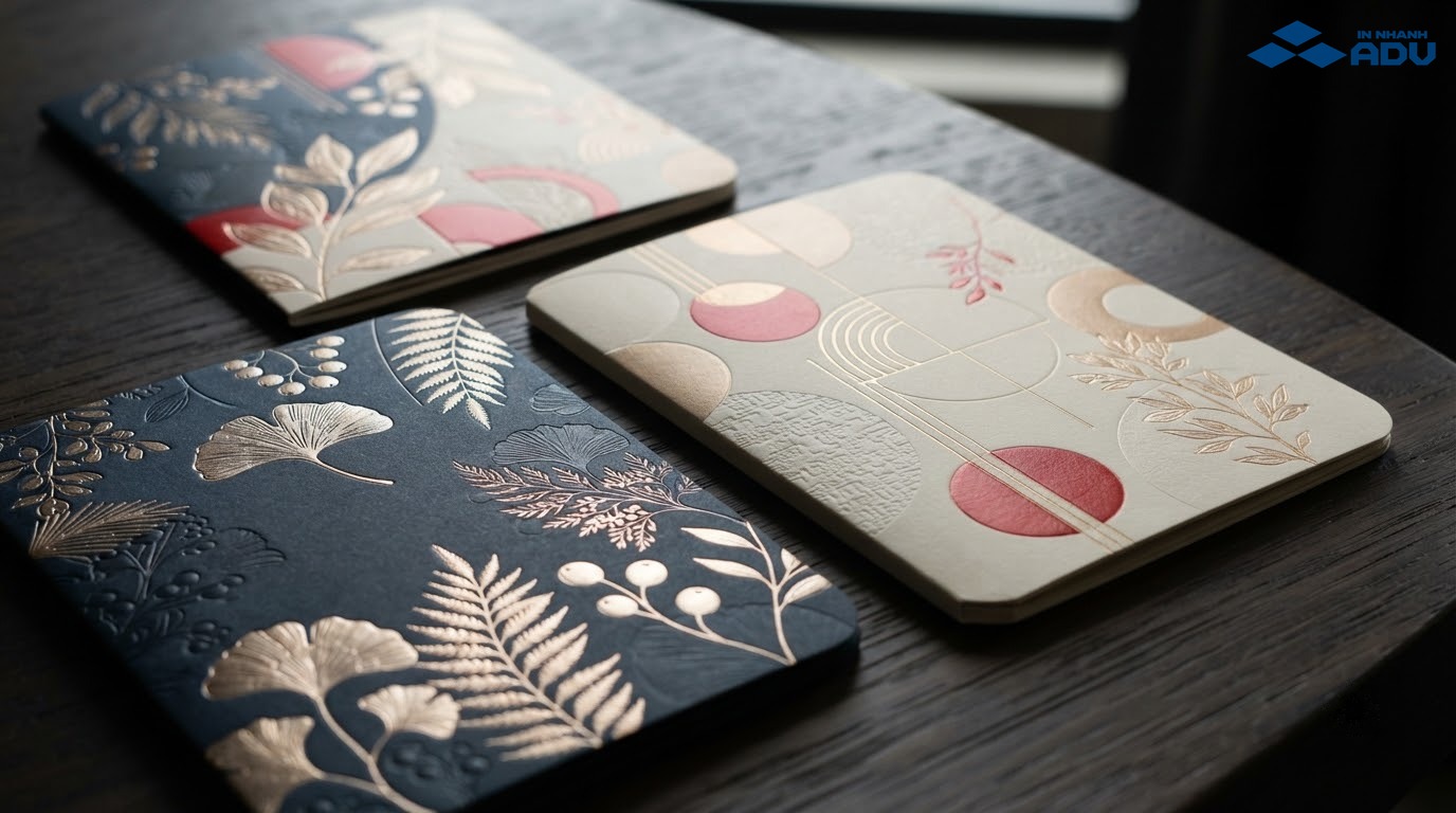 Các kỹ thuật cán mờ, ép nhũ và dập nổi bìa catalogue spa
