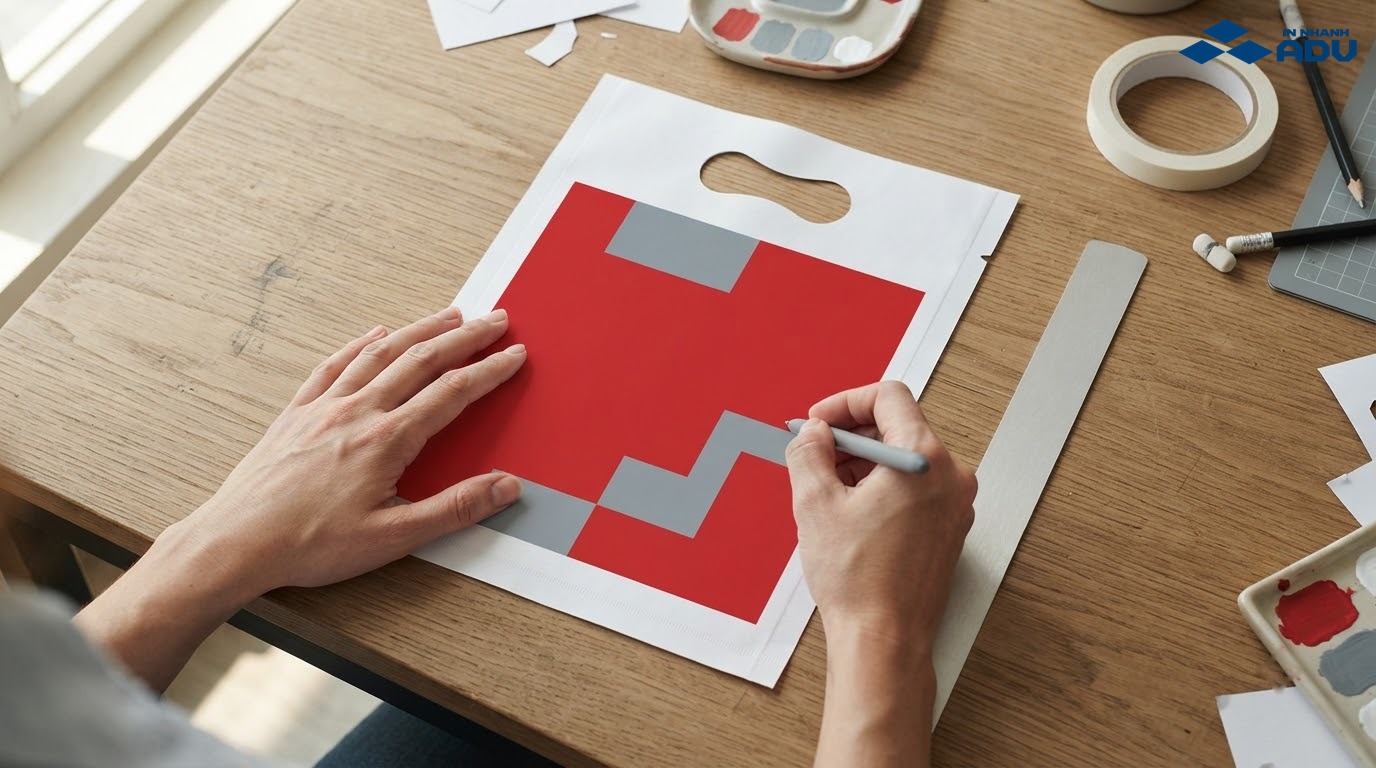 Nhà thiết kế căn chỉnh vùng in an toàn trên mẫu túi hột xoài