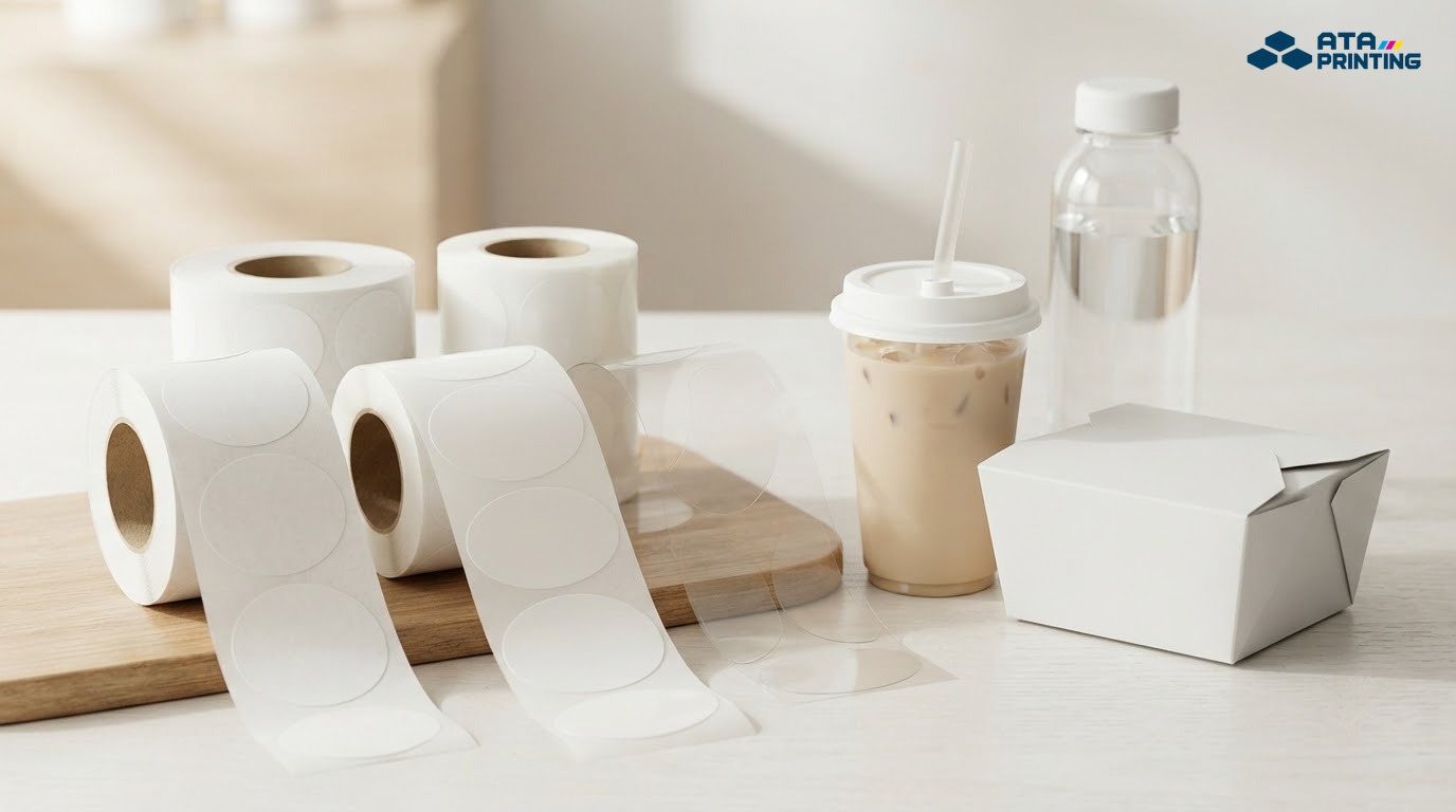 Tem decal trơn được ứng dụng trên ly và hộp đồ ăn mang đi
