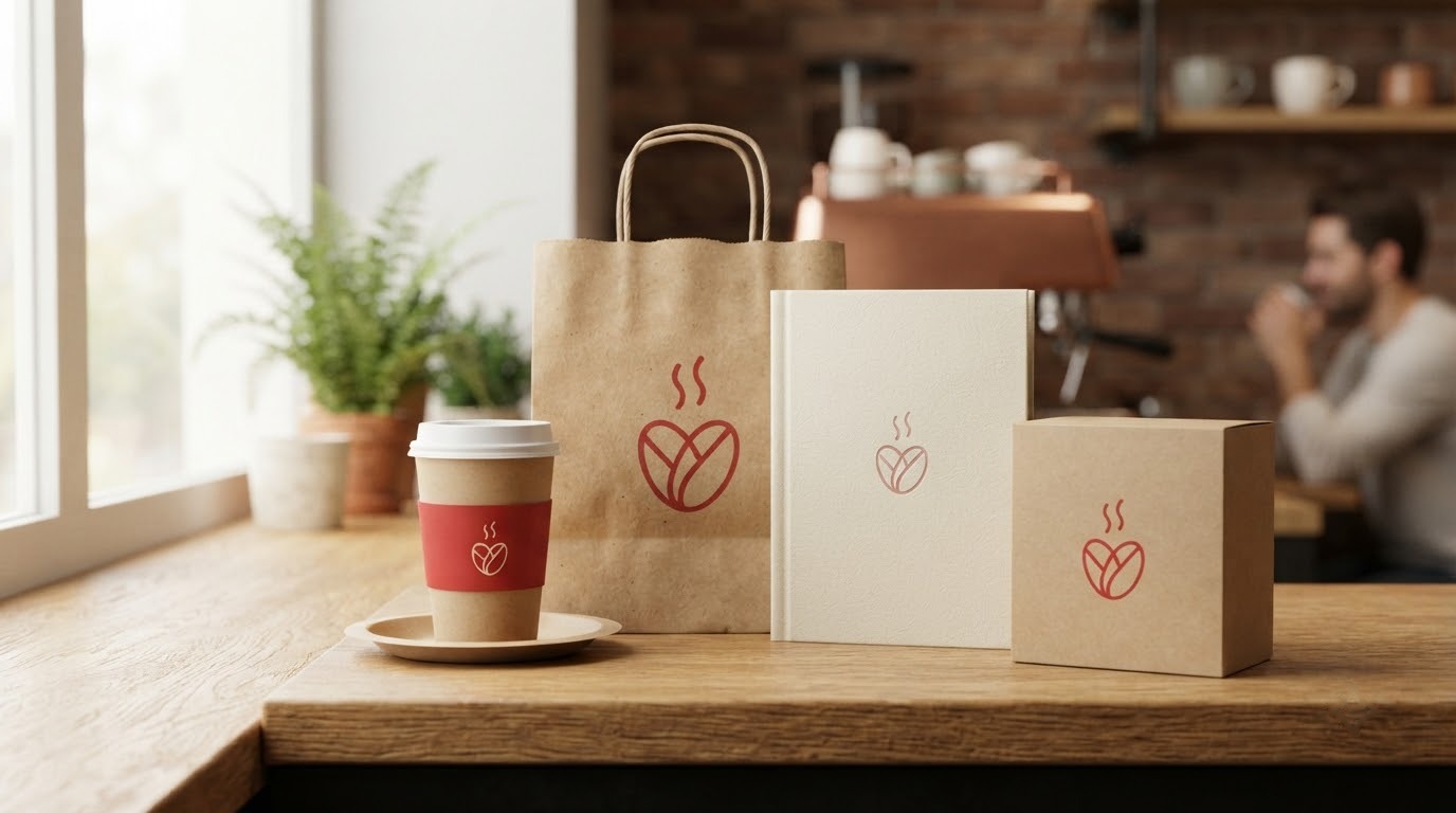 Bộ nhận diện quán cafe với biểu tượng hạt cà phê nguyên bản trên ly, túi và menu