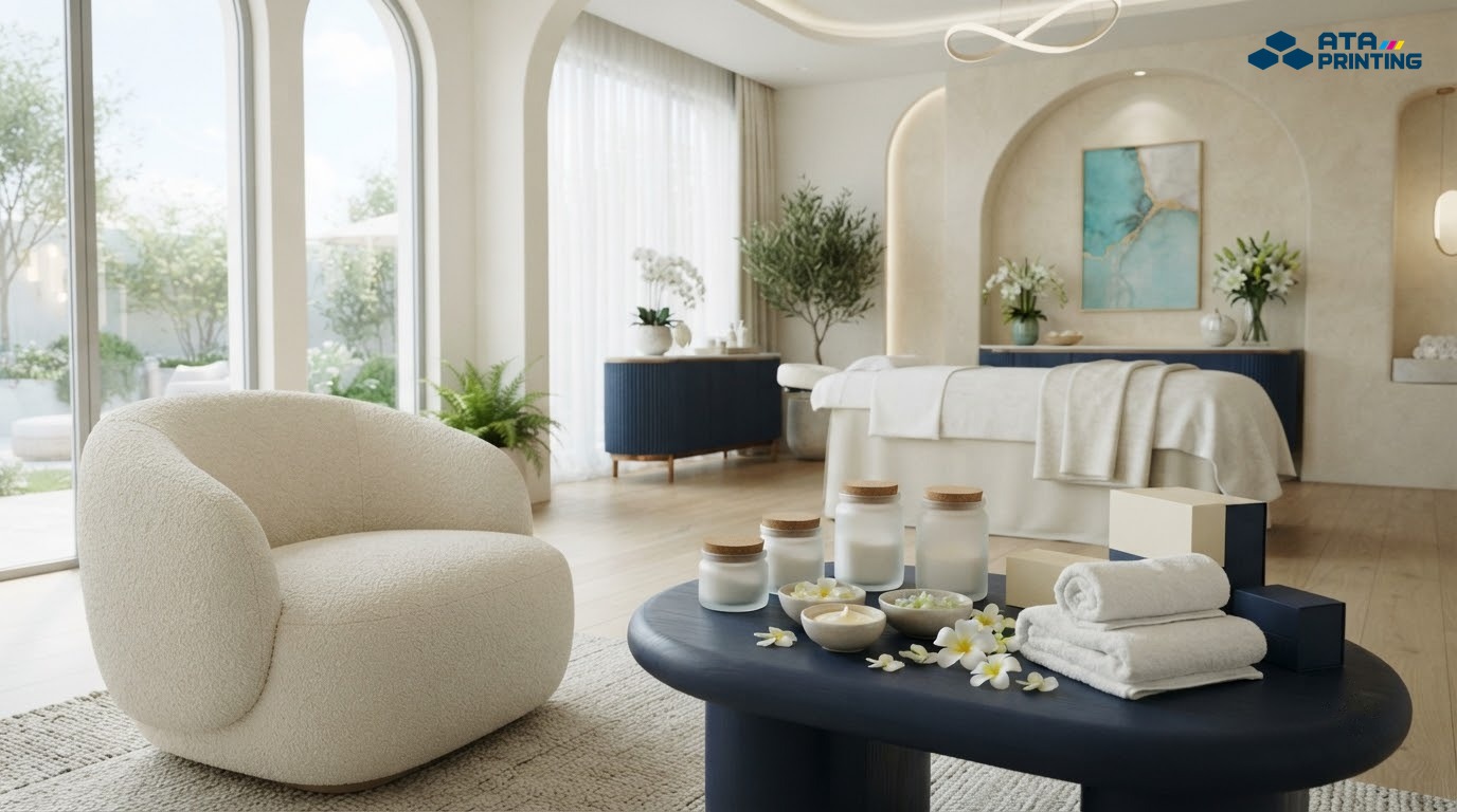 Không gian spa nữ tính với đường cong mềm, hoa và tông màu thanh lịch