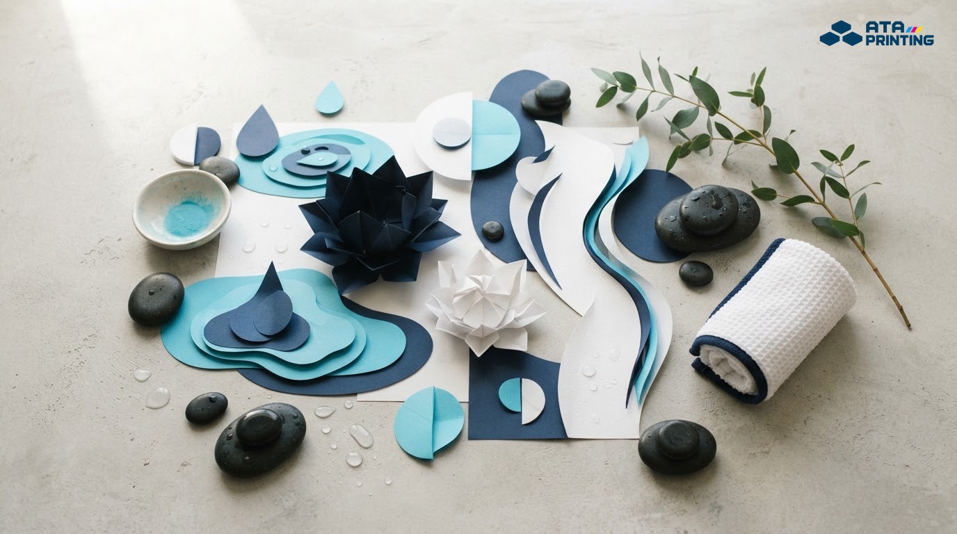 Các hình khối gợi liên tưởng hoa sen, lá, giọt nước và đường cong spa