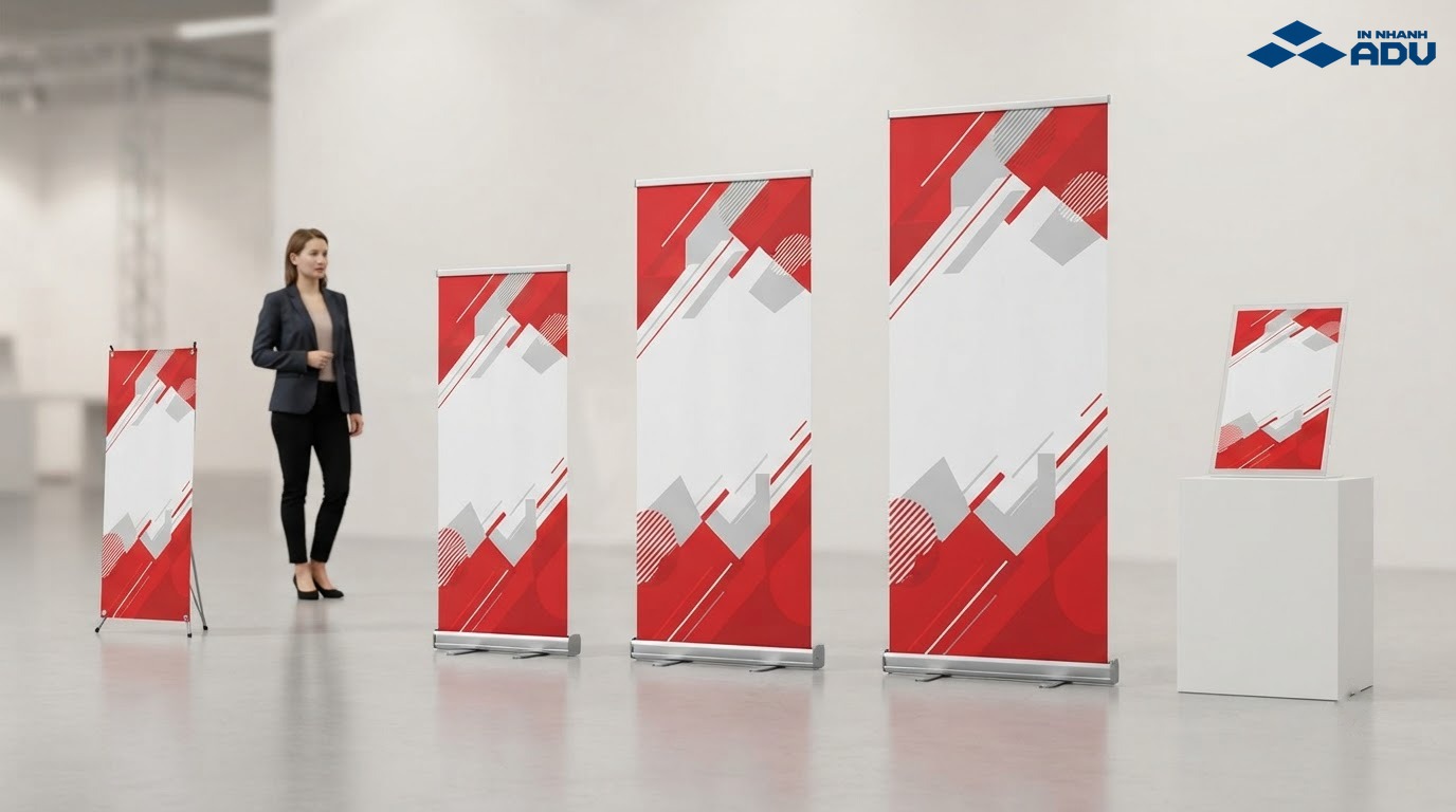 Các kích thước standee hội thảo từ mẫu để bàn đến khung cao