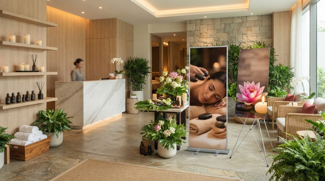 Các mẫu standee spa phong cách thiên nhiên và sang trọng trưng bày trong không gian spa